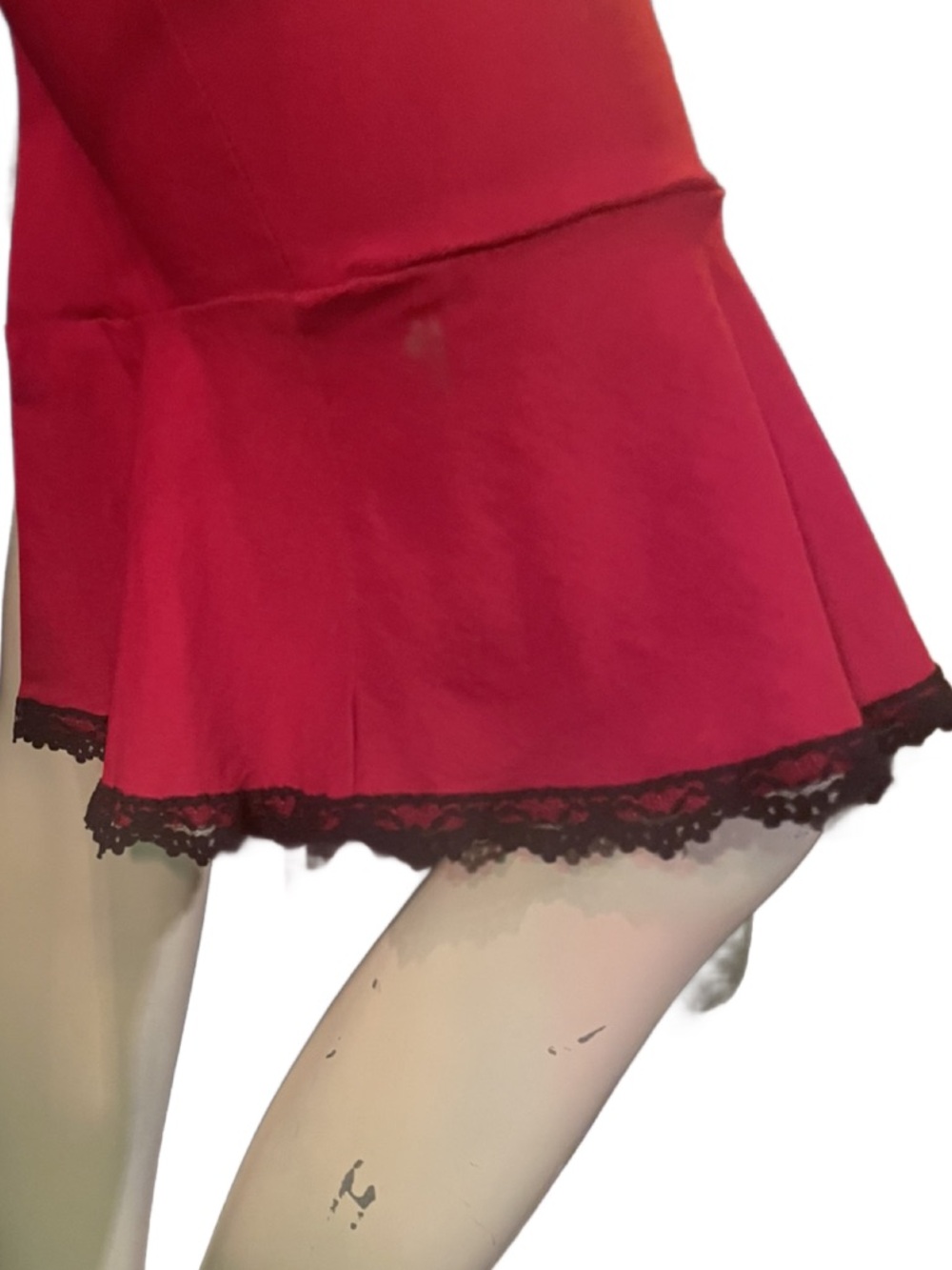 Red SWITCHBLADE STILETTO Midi pencil Dress with Black Lace Trim & flared bottom - Picture 5 of 10